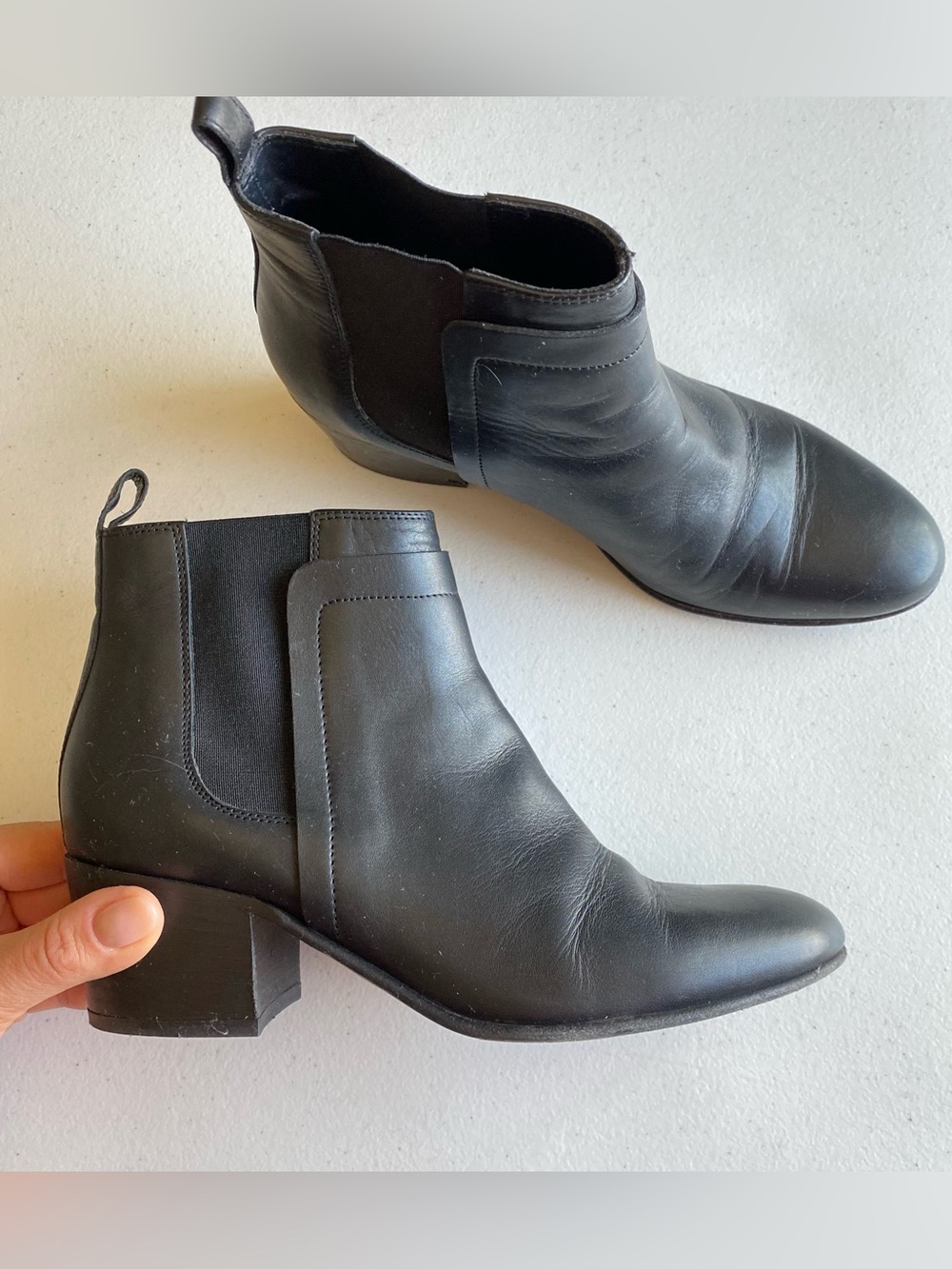 Vince Size 5.5 Black Genuine Leather Almond Toe Slip-on Block Heel Ankle Bootie